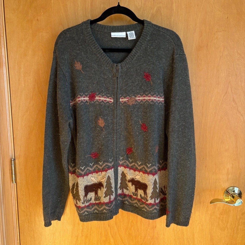 Croft & Barrow Moose Trees Sweater Cardigan Women's Large Full Zip Gray Woodland